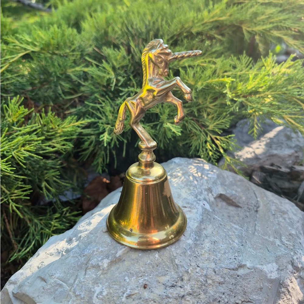 Vintage Solid Brass Rearing Unicorn Bell Figurine Desk Table Accent Decor
